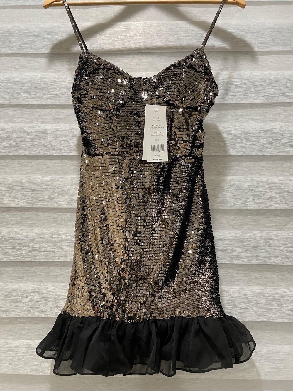 French Connection sequin antique gold black bronze sequin ruffle mini dress 0